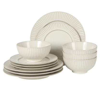 Gibson Elite Soleil 12 Piece Linen White Stoneware Dinnerware Set for 4, Plates and Bowls Set with Dinner Plates, Salad Plates and Bowls