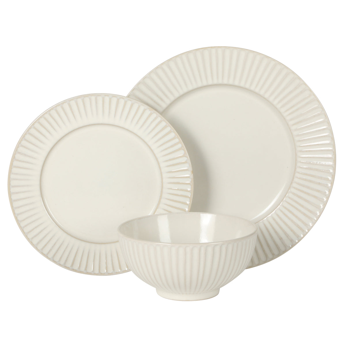 Gibson Elite Soleil 12 Piece Linen White Stoneware Dinnerware Set for 4, Plates and Bowls Set with Dinner Plates, Salad Plates and Bowls