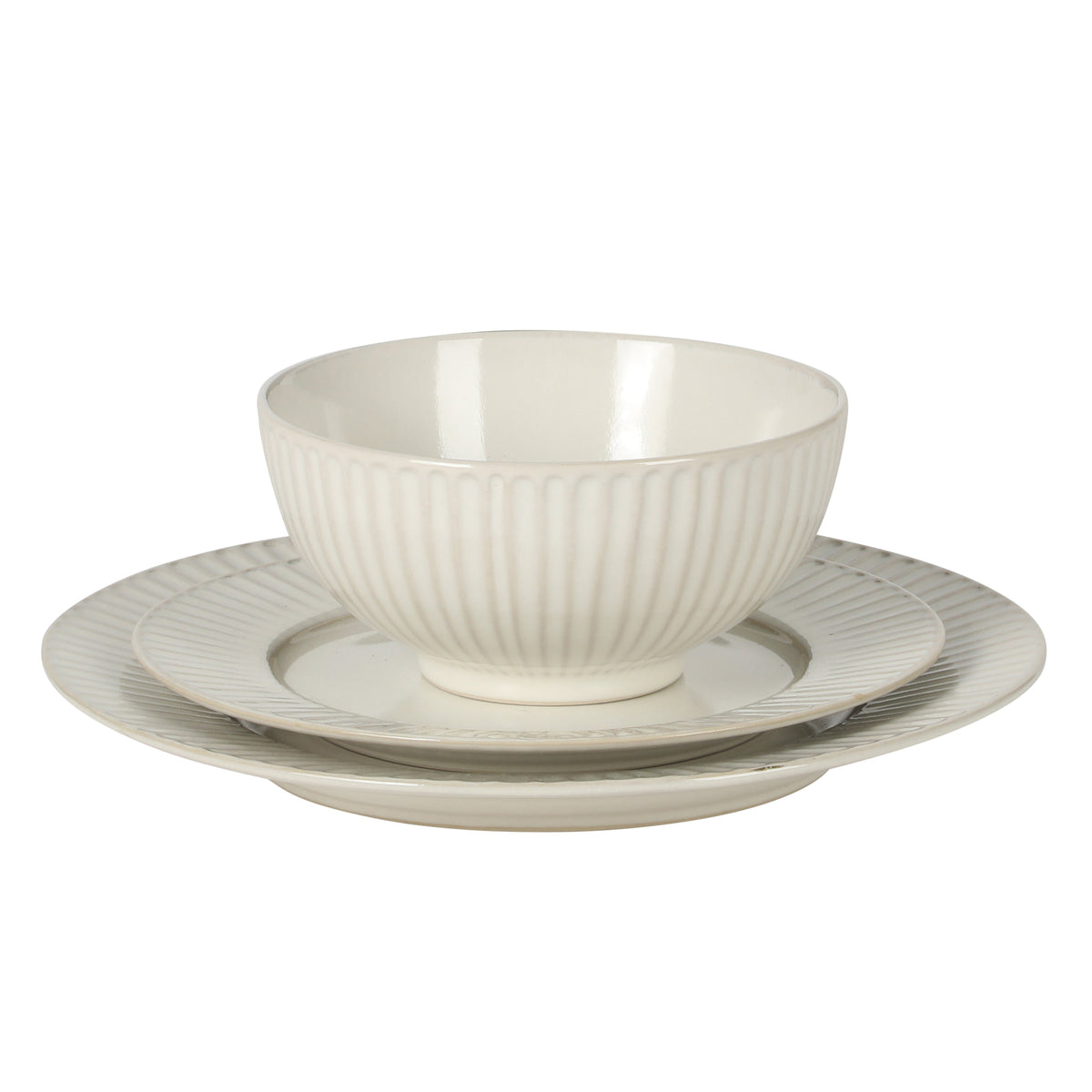 Gibson Elite Soleil 12 Piece Linen White Stoneware Dinnerware Set for 4, Plates and Bowls Set with Dinner Plates, Salad Plates and Bowls