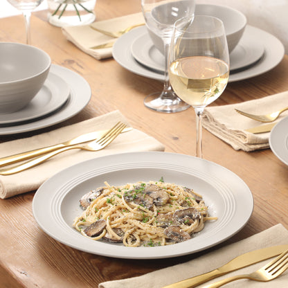 Gibson Elite Soleil 12 Piece Linen White Stoneware Dinnerware Set for 4, Plates and Bowls Set with Dinner Plates, Salad Plates and Bowls