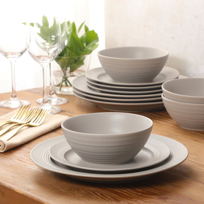 Gibson Elite Soleil 12 Piece Linen White Stoneware Dinnerware Set for 4, Plates and Bowls Set with Dinner Plates, Salad Plates and Bowls