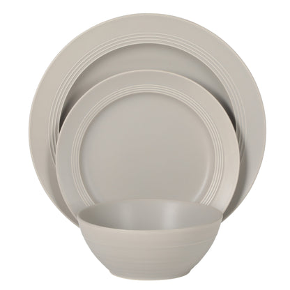 Gibson Elite Soleil 12 Piece Linen White Stoneware Dinnerware Set for 4, Plates and Bowls Set with Dinner Plates, Salad Plates and Bowls