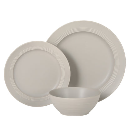 Gibson Elite Soleil 12 Piece Linen White Stoneware Dinnerware Set for 4, Plates and Bowls Set with Dinner Plates, Salad Plates and Bowls