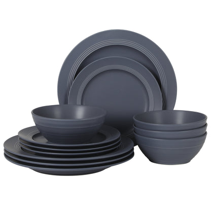 Gibson Elite Soleil 12 Piece Linen White Stoneware Dinnerware Set for 4, Plates and Bowls Set with Dinner Plates, Salad Plates and Bowls