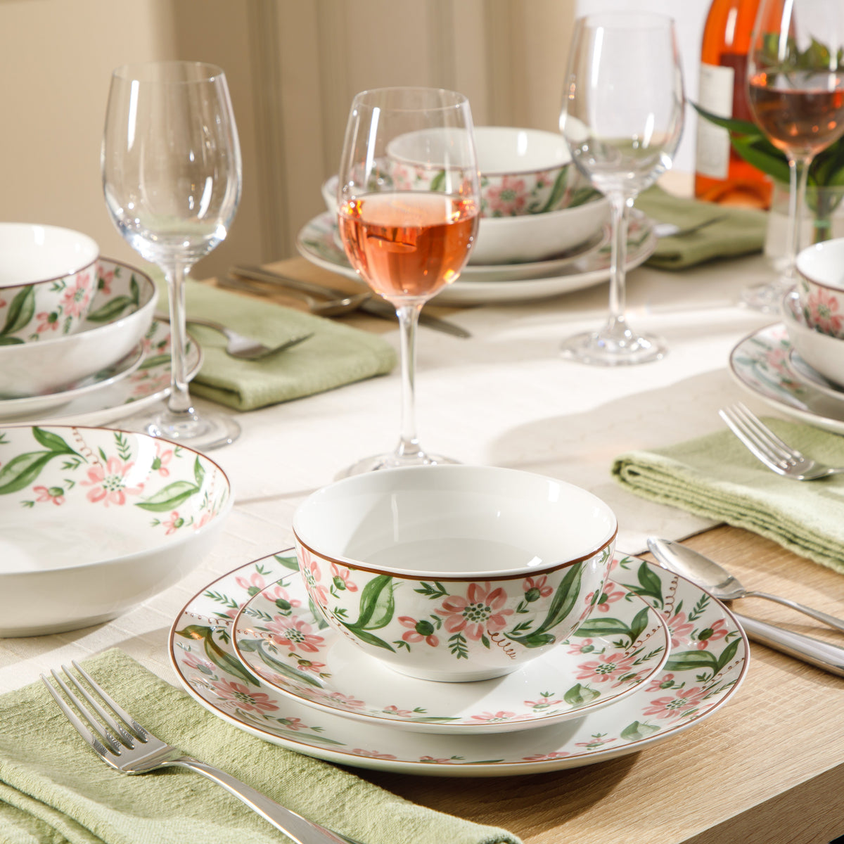 Martha Stewart Plates and Bowls Set, 16 Piece Dinnerware Set for 4, Pink/Green