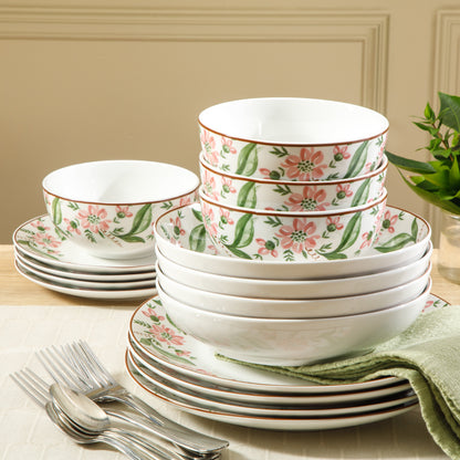 Martha Stewart Plates and Bowls Set, 16 Piece Dinnerware Set for 4, Pink/Green
