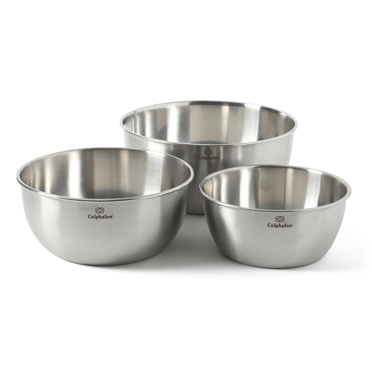 Calphalon Astro Mixing Bowls, 3-Piece Stainless Steel Mixing Bowl Set with Matte Finish, Nesting Metal Mixing Bowls for Baking and Prep, Silver