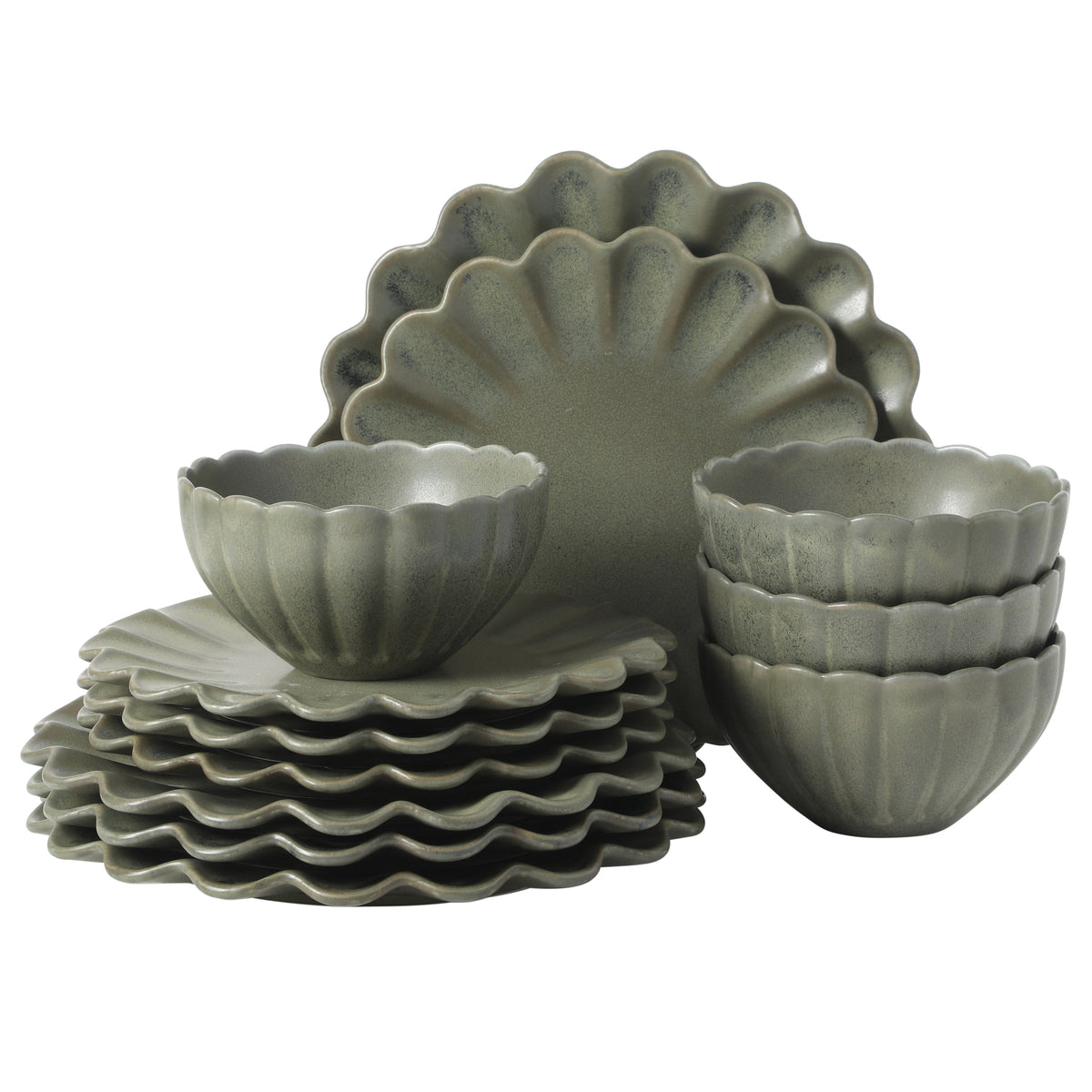 Gibson Elite Plates and Bowls Sets, 12-Piece Stoneware Dinnerware Set for 4, Scalloped Dish Set with Dinner Plates, Salad Plates & Bowls