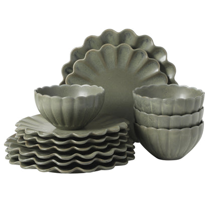 Gibson Elite Plates and Bowls Sets, 12-Piece Stoneware Dinnerware Set for 4, Scalloped Dish Set with Dinner Plates, Salad Plates & Bowls