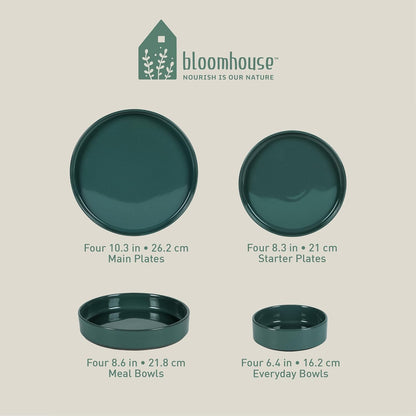 Bloomhouse Santorini Mist 16 Piece Double Bowl Terracotta Reactive Glaze Plates and Bowls Dinnerware Set - Moonstone White, Amber, Garnet Red, or Jade