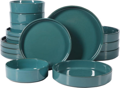 Bloomhouse Santorini Mist 16 Piece Double Bowl Terracotta Reactive Glaze Plates and Bowls Dinnerware Set - Moonstone White, Amber, Garnet Red, or Jade