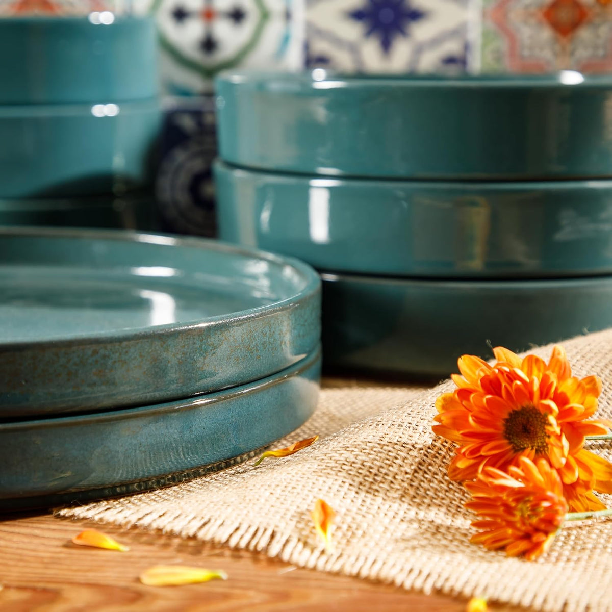 Bloomhouse Santorini Mist 16 Piece Double Bowl Terracotta Reactive Glaze Plates and Bowls Dinnerware Set - Moonstone White, Amber, Garnet Red, or Jade