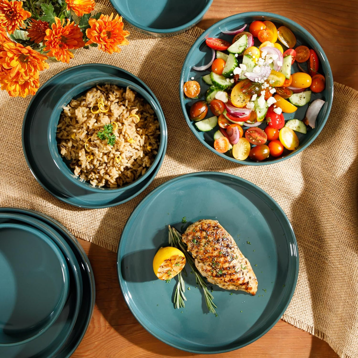 Bloomhouse Santorini Mist 16 Piece Double Bowl Terracotta Reactive Glaze Plates and Bowls Dinnerware Set - Moonstone White, Amber, Garnet Red, or Jade