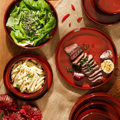 Bloomhouse Santorini Mist 16 Piece Double Bowl Terracotta Reactive Glaze Plates and Bowls Dinnerware Set - Moonstone White, Amber, Garnet Red, or Jade
