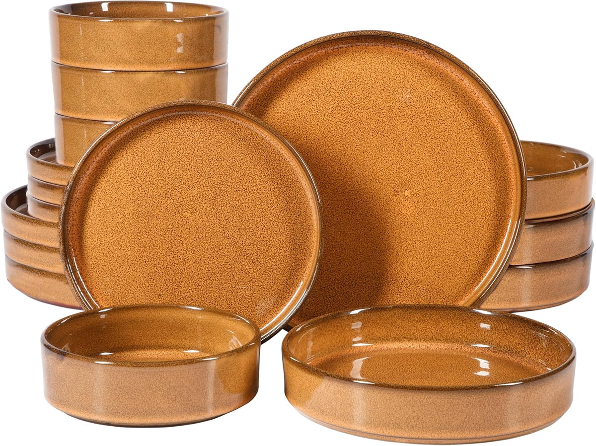 Bloomhouse Santorini Mist 16 Piece Double Bowl Terracotta Reactive Glaze Plates and Bowls Dinnerware Set - Moonstone White, Amber, Garnet Red, or Jade