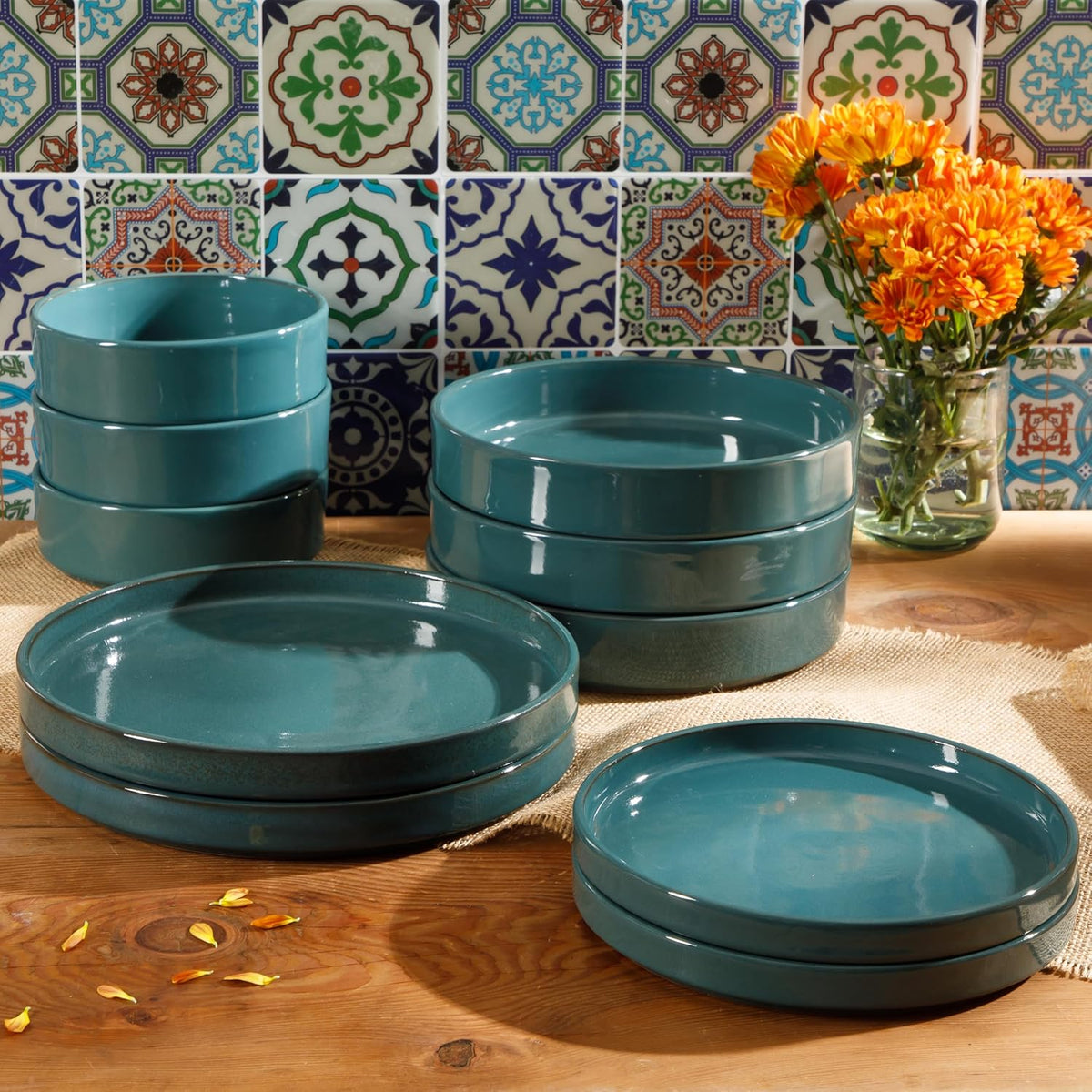 Bloomhouse Santorini Mist 16 Piece Double Bowl Terracotta Reactive Glaze Plates and Bowls Dinnerware Set - Moonstone White, Amber, Garnet Red, or Jade