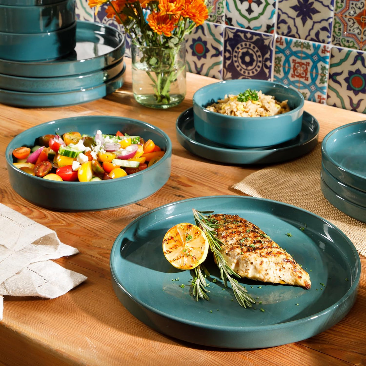Bloomhouse Santorini Mist 16 Piece Double Bowl Terracotta Reactive Glaze Plates and Bowls Dinnerware Set - Moonstone White, Amber, Garnet Red, or Jade