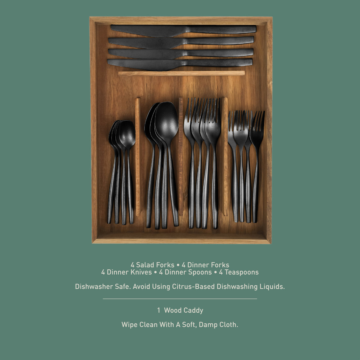 Bloomhouse 20 Piece Stone Washed Flatware 18/10 Stainless Steel Silverware Cutlery Utensil Set With Acacia Wood Caddy - Service for 4