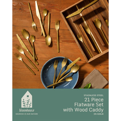 Bloomhouse 20 Piece Stone Washed Flatware 18/10 Stainless Steel Silverware Cutlery Utensil Set With Acacia Wood Caddy - Service for 4