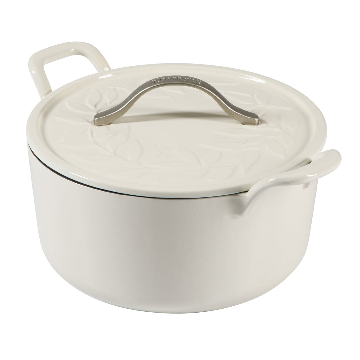 Bloomhouse 7 Qt Cast Iron Dutch Oven W/ Embossed Lid, European Enamel, & Walnut Wood Trivet