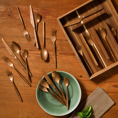 Bloomhouse 20 Piece Stone Washed Flatware 18/10 Stainless Steel Silverware Cutlery Utensil Set With Acacia Wood Caddy - Service for 4