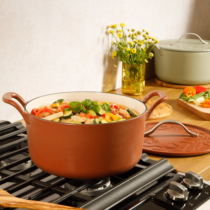 Bloomhouse 7 Qt Cast Iron Dutch Oven W/ Embossed Lid, European Enamel, & Olive Wood Trivet
