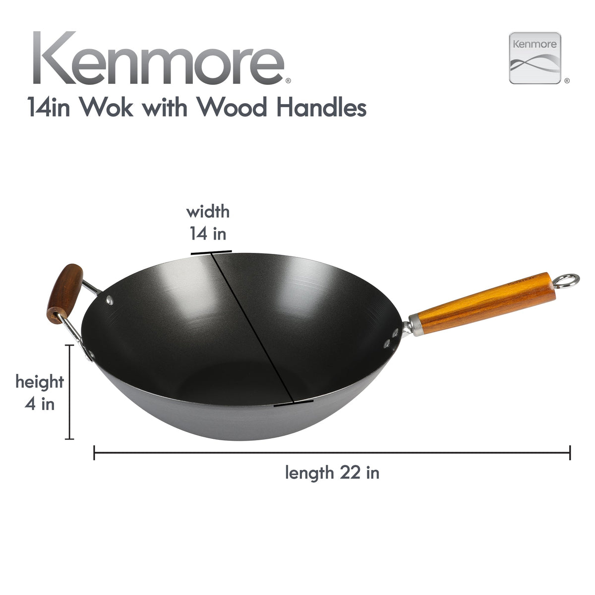 Kenmore Hammond 14-Inch Flat Bottom Wok, Carbon Steel Frying Pan for Stir-Frying, Steaming and Deep-Frying