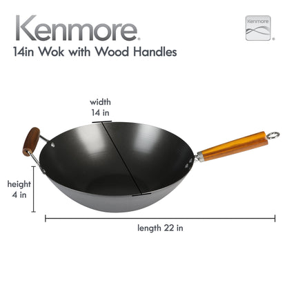 Kenmore Hammond 14-Inch Flat Bottom Wok, Carbon Steel Frying Pan for Stir-Frying, Steaming and Deep-Frying