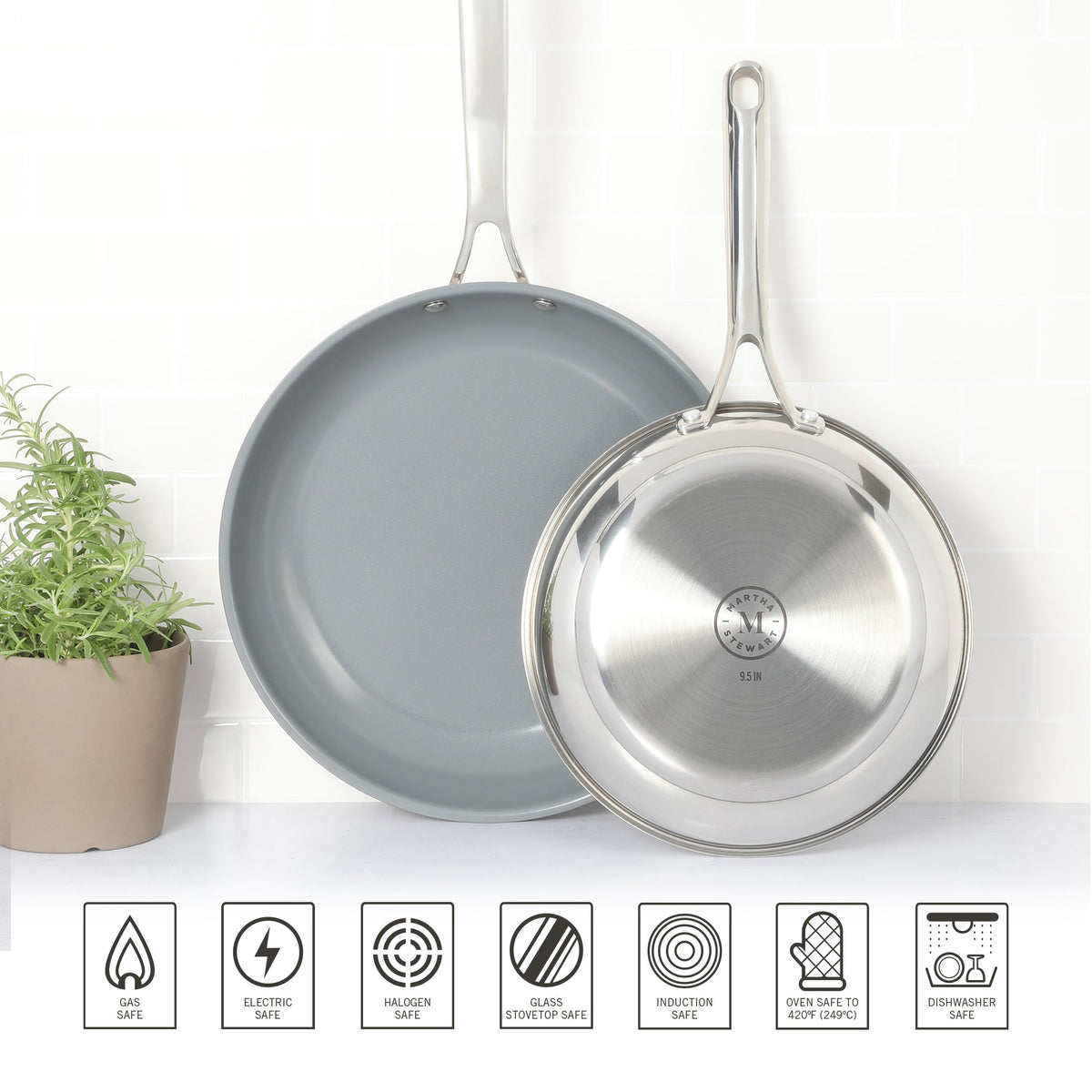 Martha Stewart Delaroux 9.5" & 12" Stainless Steel Fry Pan Set w/ Ceramic Non-Stick Interior