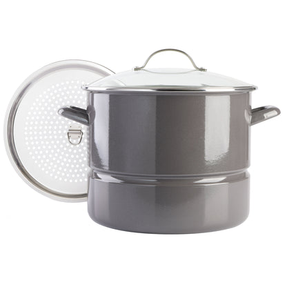 Kenmore Broadway 16-Quart Enamel on Steel Stock Pot with Steamer Insert & Tempered Glass Lid, Induction Compatible