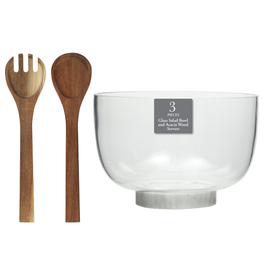 Gibson Elite Wildgreens Large Glass Salad Bowl Set with Acacia Serving Utensils