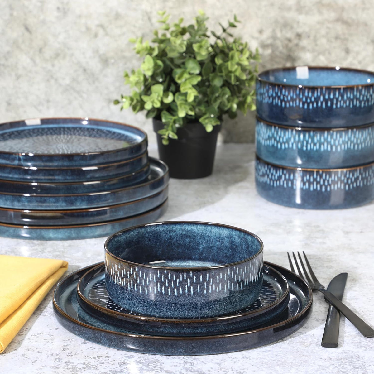 Gibson Elite 12 Piece Matisse Moderna Stoneware Reactive Glaze Dinnerware Set - Cobalt Blue